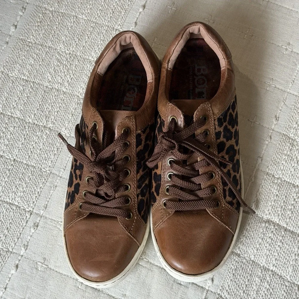 Born Sneaker Shoes Womens 7 Brown Black Leopard Print Leather Velvet Round Toe - Picture 5 of 8